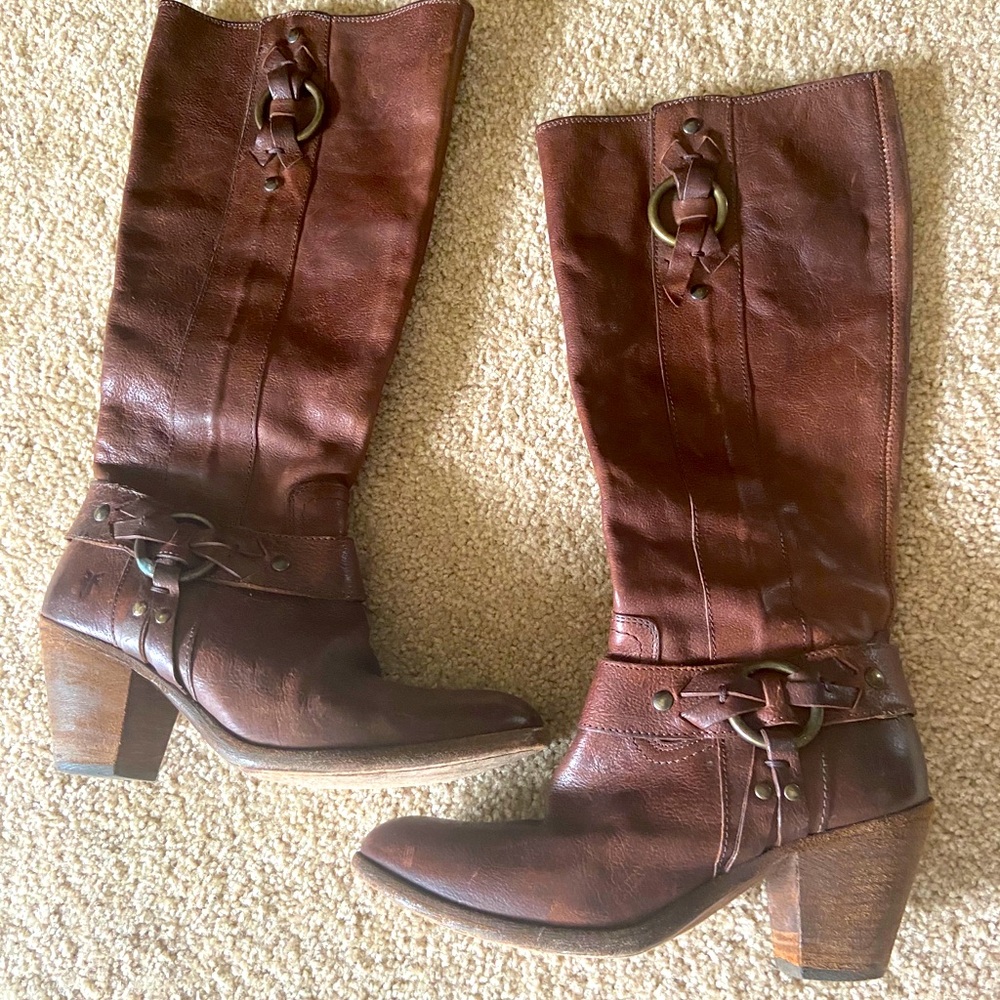 Frye brown leather chunky heeled western boots 8.5
